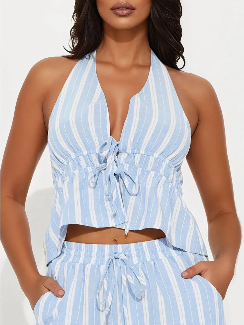 Light Blue & White Striped Halter Tie-Front Top With Matching Shorts - Set